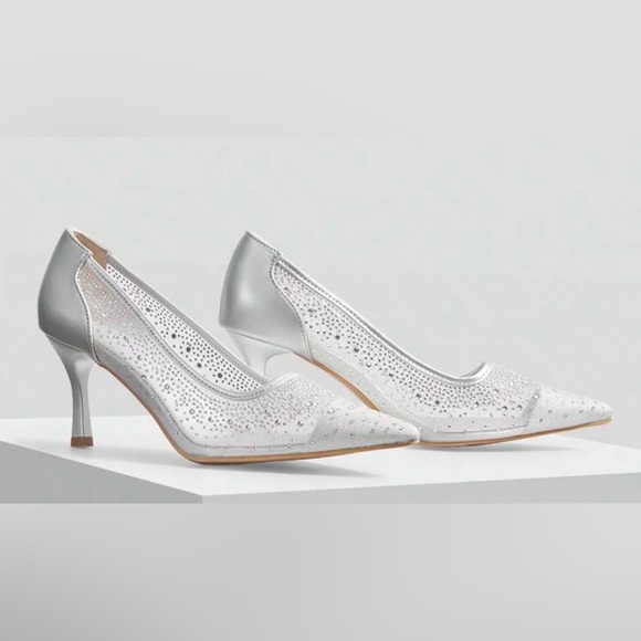 Silver Metallic Mesh Kitten Heels | Shiny & Sexy Rhinestones | 7 | New - Picture 5 of 5